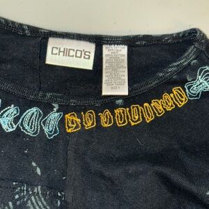 Chico's Black Top with Blue and Gold Embroidery
